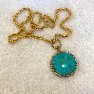 Turquoise medallion, gold chain, great  gift, circular medallion 11”chain.    PR